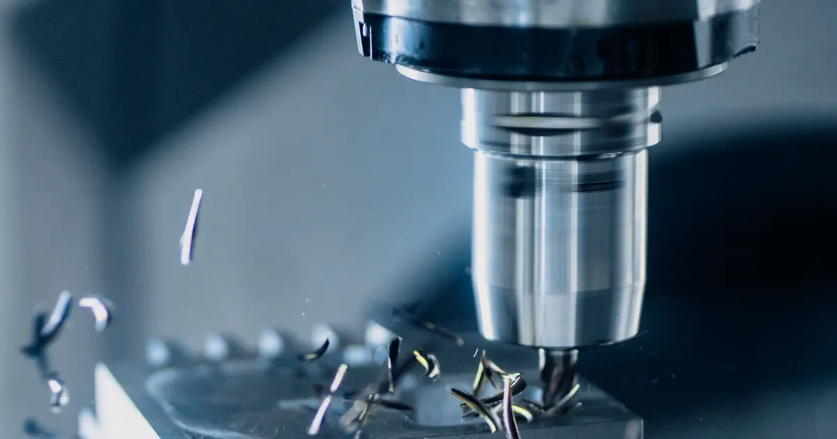 End mill cutting a metal block on a CNC machine with chips flying, general view of aluminum prototype machining work
